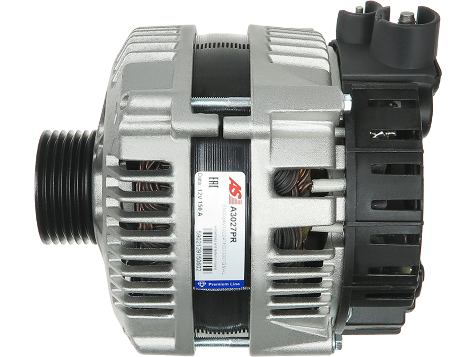 Alternateur AS-PL A3027PR remanufacturé 12 V 150 A OE A14VI27 pour Citroën Peugeot Fiat, vue du composant avec poulie et connecteur – distripiecesautos66