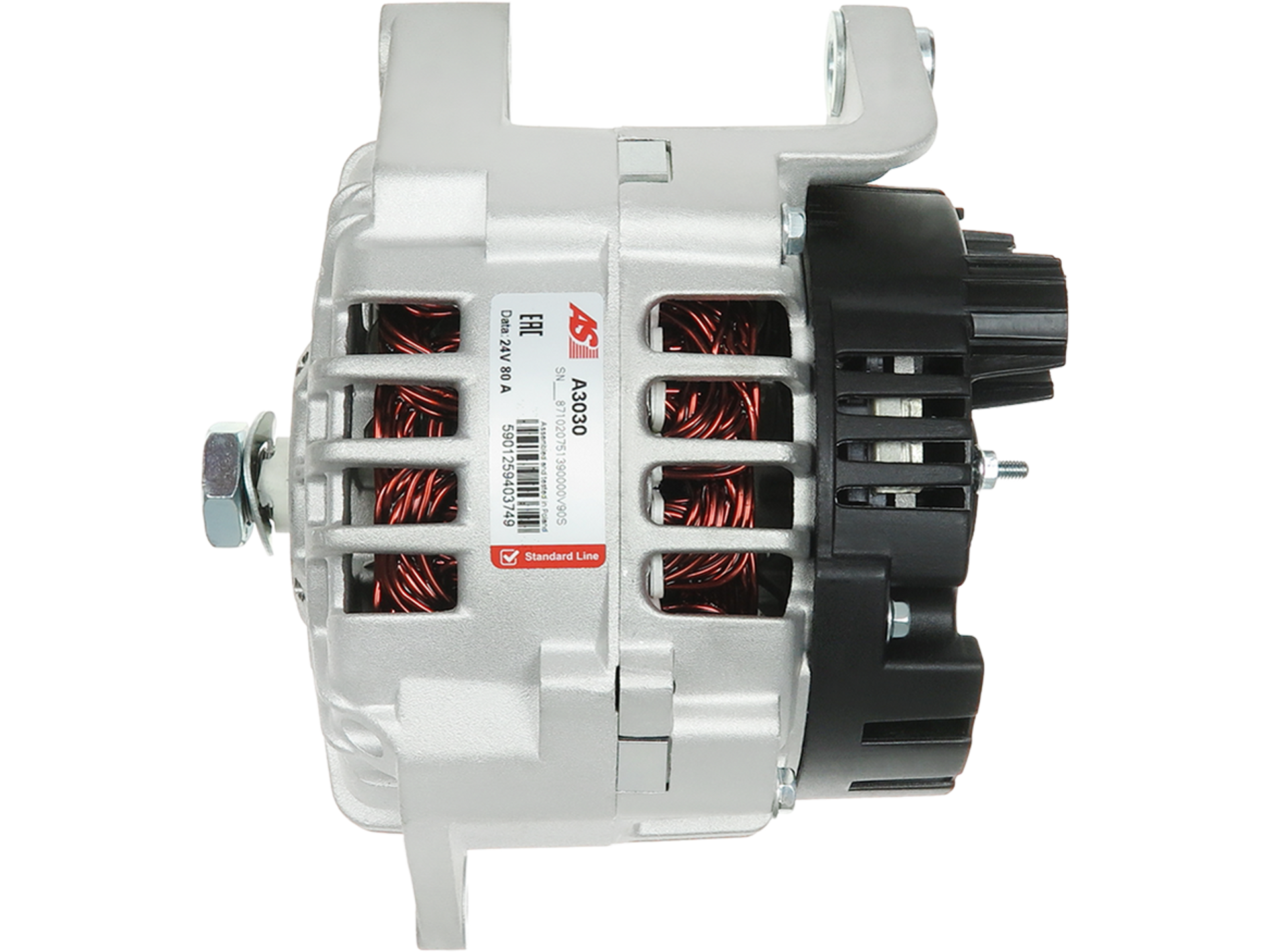 Alternateur Lucas LRA2515 24V 80A Réf. A3030 pour Renault Trucks Midlum, Kerax, Magnum et Premium, vu de face avec bobinage cuivre apparent – distripiecesautos66