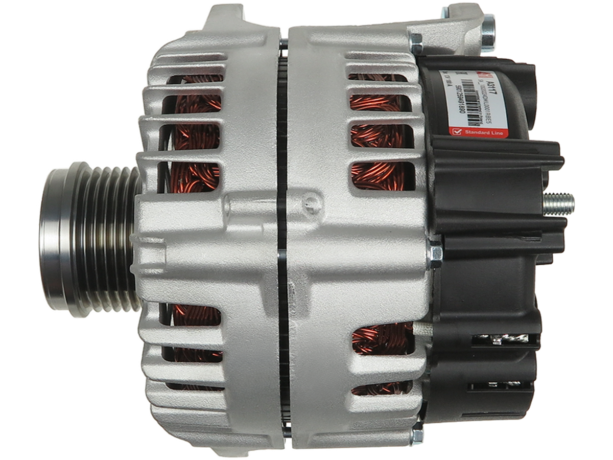 Alternateur Lucas LRA3179 12 V 180 A pour Fiat Ducato, Iveco Daily et Peugeot Boxer, vue latérale avec poulie et connecteur – distripiecesautos66