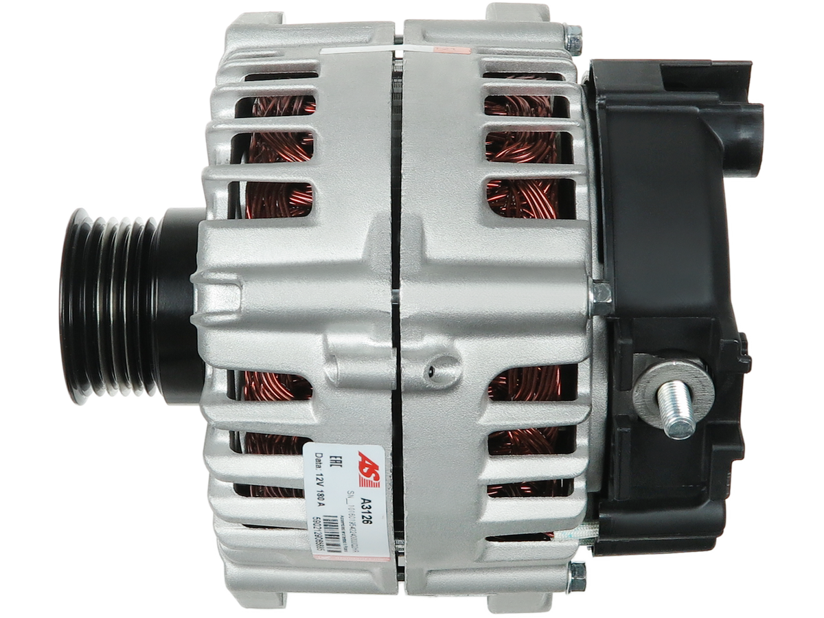 Alternateur Lucas LRA3309 12V 180A pour Mercedes-Benz Sprinter et Classe E compatible, fourni par distripiecesautos66, vue du produit avec poulie et connecteur électrique