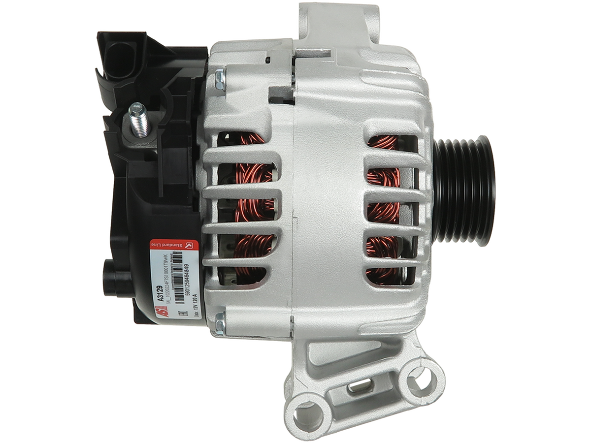 Alternateur Motrio 8550504775 12V 120A, OE TG12C087, pour Ford Fiesta et Focus, vue du produit avec poulie et connecteur, vendu par distripiecesautos66