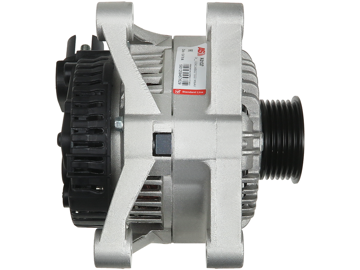 Vue latérale de l’Alternateur Motrio 12V 70A A3137 – Compatible Peugeot Citroën Fiat, Réf. 8671005543, proposé par distripiecesautos66, avec poulie et connecteur visibles, Prix discount qualité Premium garantie 2 ans