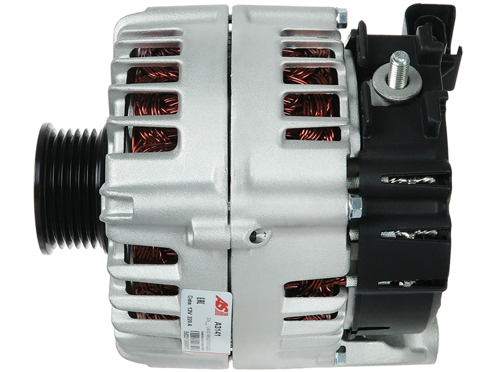 Alternateur BMW pas cher, Alternateur BMW X4 F26 XDrive30d XDrive35d 12V 220A Qualité Premium OE FG23S059, vu de côté avec poulie et connecteur, proposé par distripiecesautos66