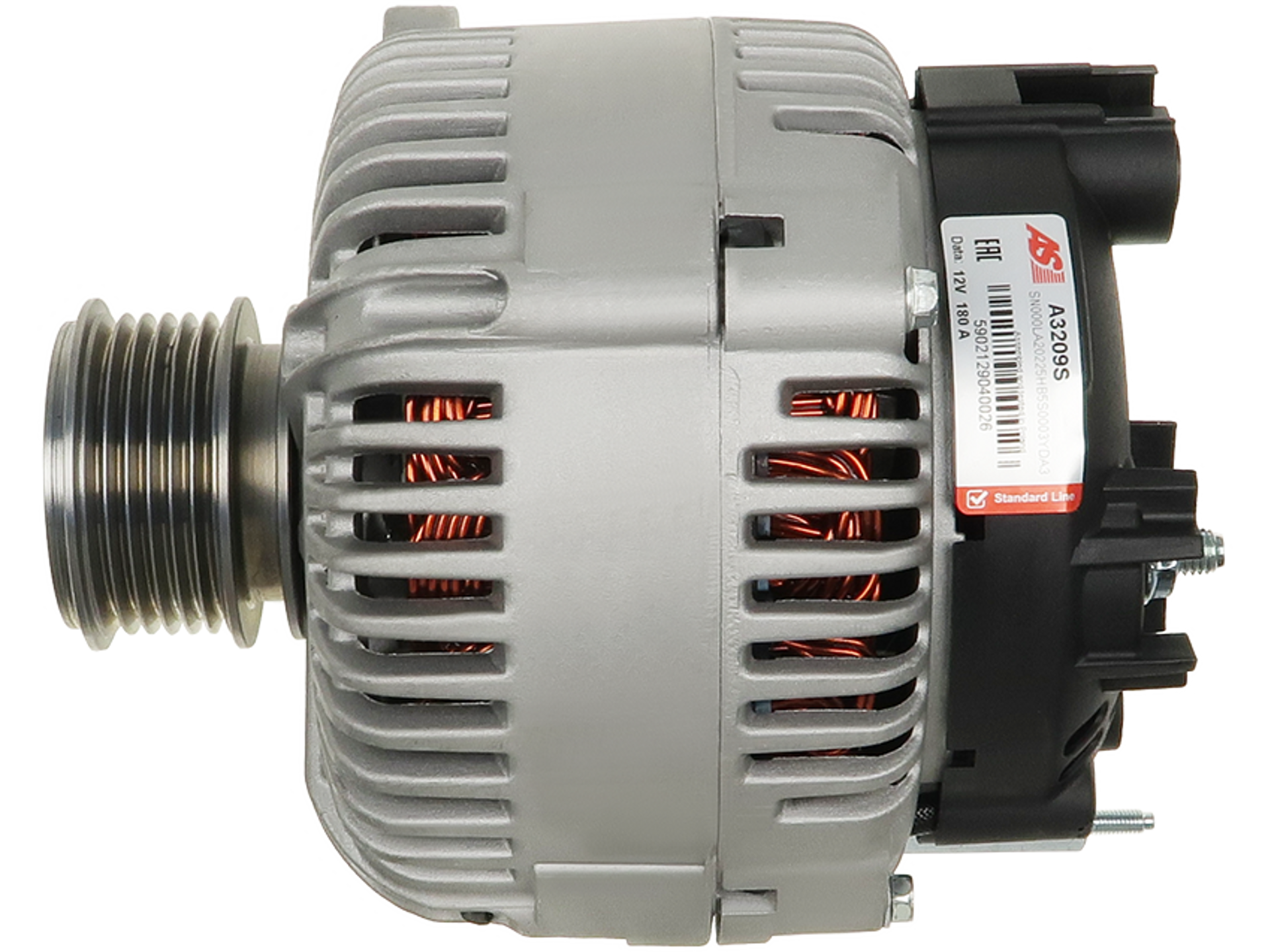 Alternateur Lucas LRA3176 12V 180A pour Audi A6, VW Passat, Sharan et Seat Alhambra, vue latérale avec poulie, vendu par distripiecesautos66