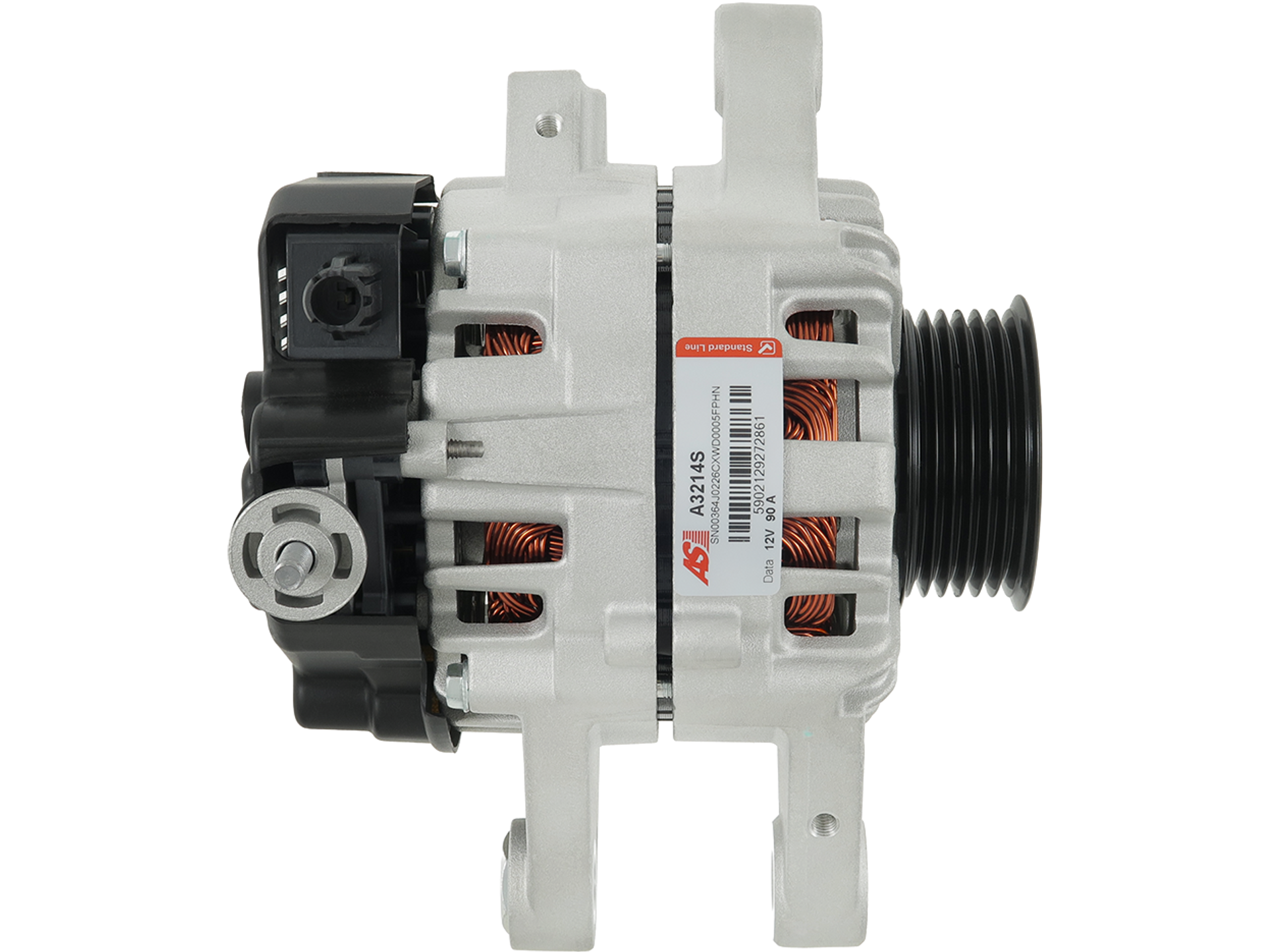 Alternateur Toyota pas cher 12V 90A pour Toyota Yaris P13 1.0 1KR-FE KSP130 2010-2020, référence A3214S, vue de face avec poulie et connecteur, vendu par distripiecesautos66