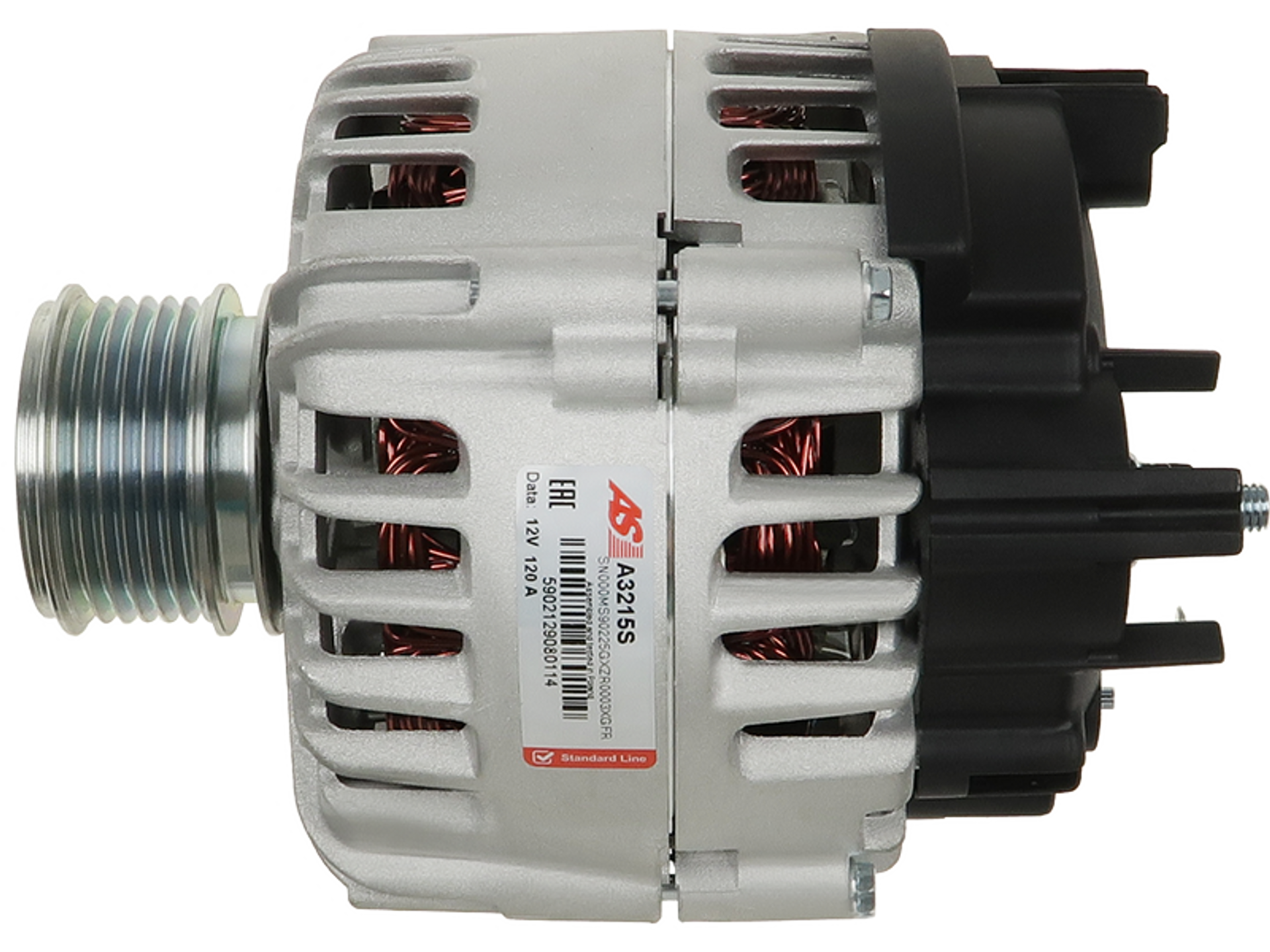 Alternateur 12V 120A Lucas LRA3716 A3215S Qualité Origine Pour Dacia Renault 1.5 dCi, vue de profil avec poulie et connecteurs, vendu par distripiecesautos66