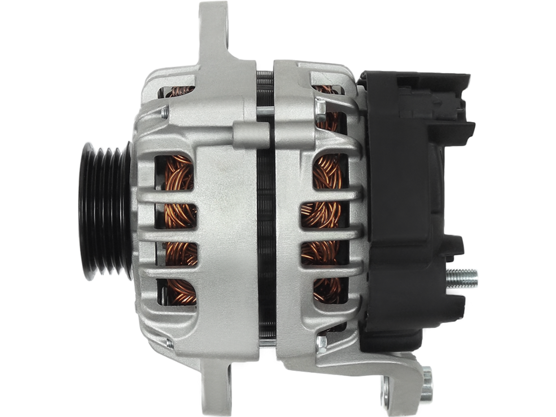 Alternateur Nissan pas cher, alternateur 12V 80A Qualité Origine pour Nissan Micra K12 et Note E11 8550505215, vu de côté avec poulie et connecteur, vendu par distripiecesautos66