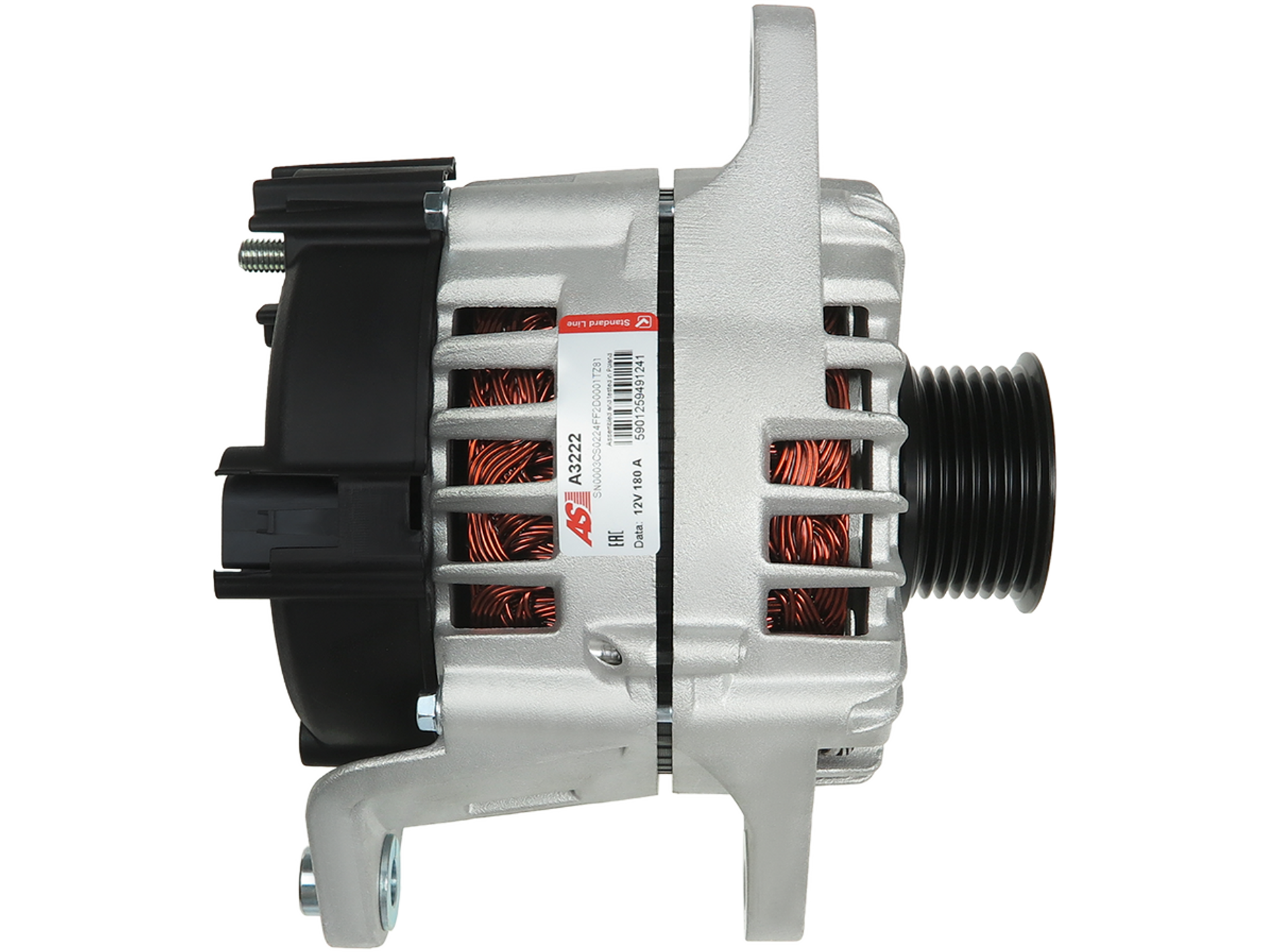 Alternateur Lucas LRA3231 12 V 180 A pour Fiat Ducato et Iveco Daily 2.3 D, vue latérale du produit avec poulie et connecteur – distripiecesautos66