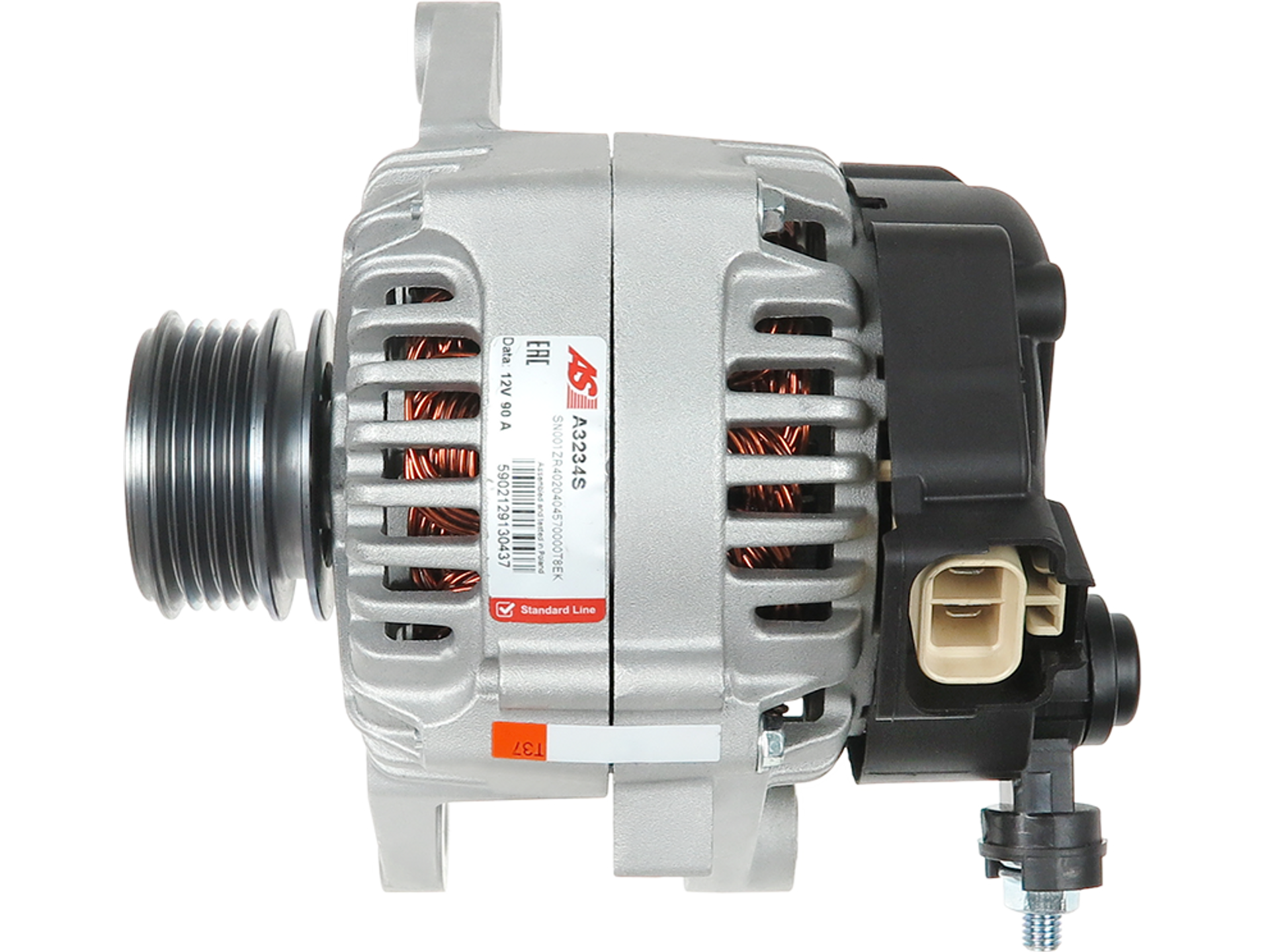 Alternateur Lucas LRA3048 12 V 90 A Hyundai Kia i10 i20 Getz Rio – Réf. A3234S, vue du produit avec poulie et connecteur, vendu par distripiecesautos66