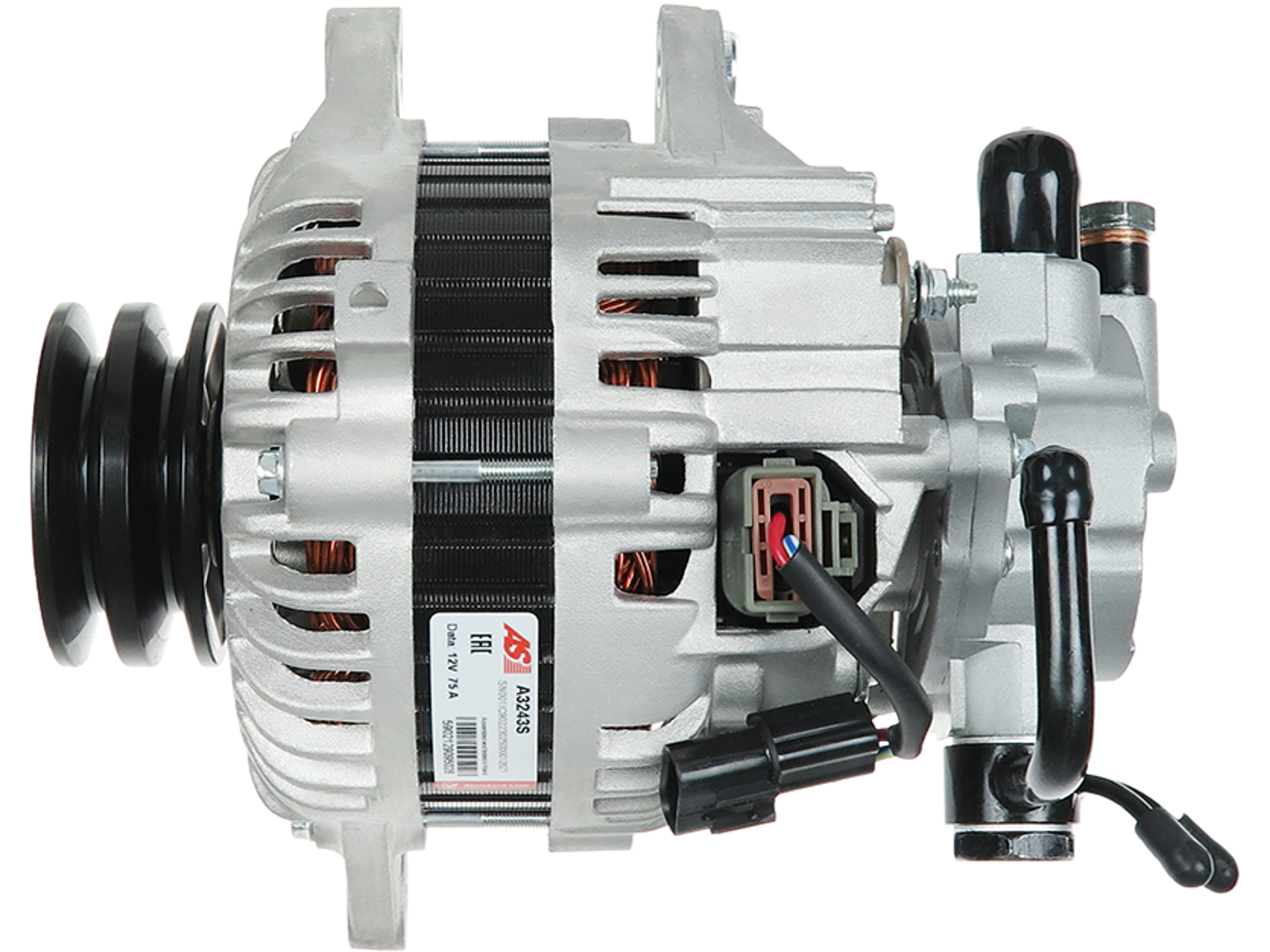 Alternateur Valeo AF175476 12V 75A avec pompe à vide pour Hyundai H-1 et Kia K2500, vue de côté avec poulie et connecteurs – vendu par distripiecesautos66