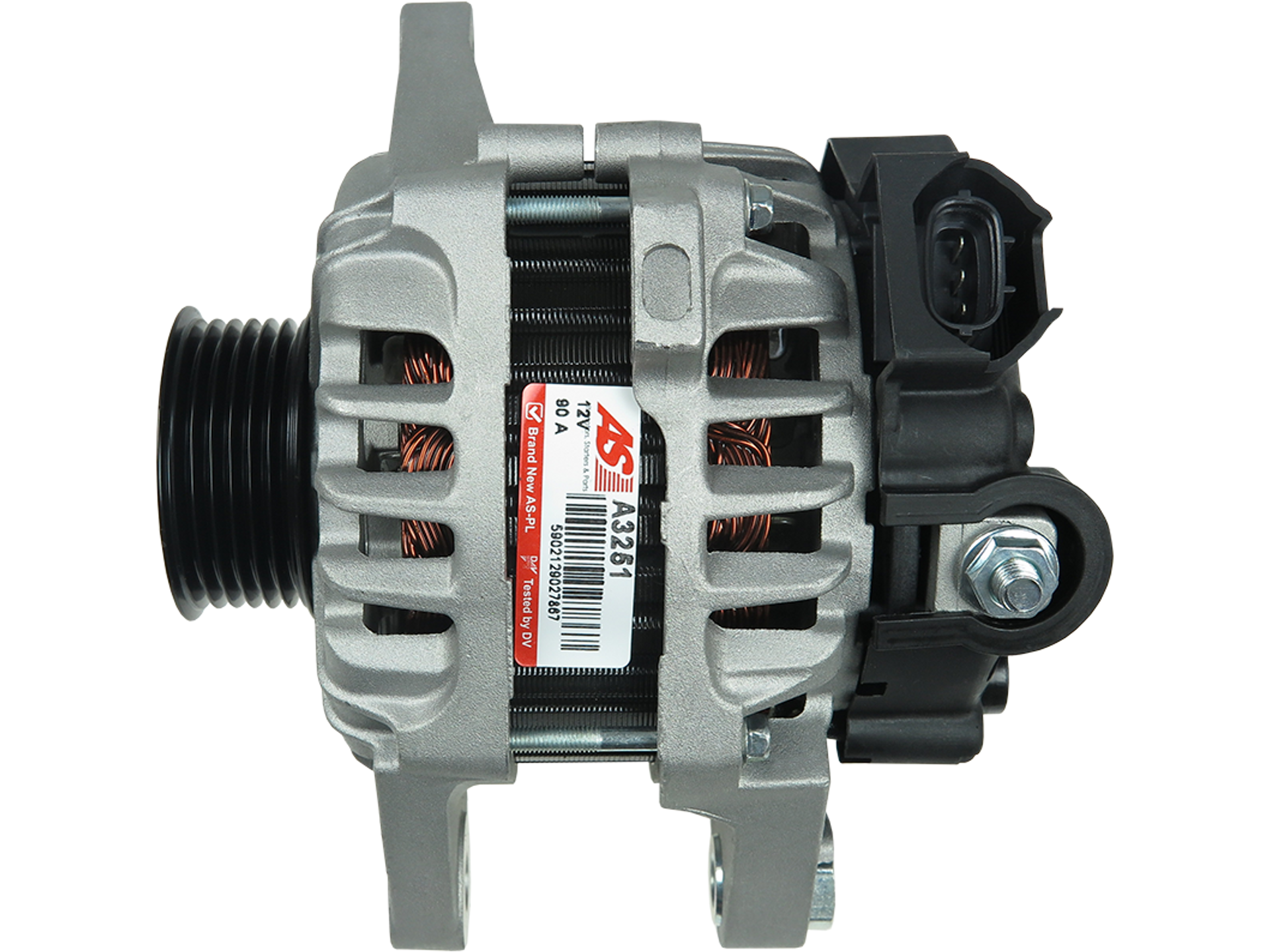 Alternateur Valeo LRA3442 12 V 90 A compatible Hyundai Kia i20 i30 Ceed Rio Venga Veloster, vendu par distripiecesautos66, vue produit avec poulie et connecteur électrique