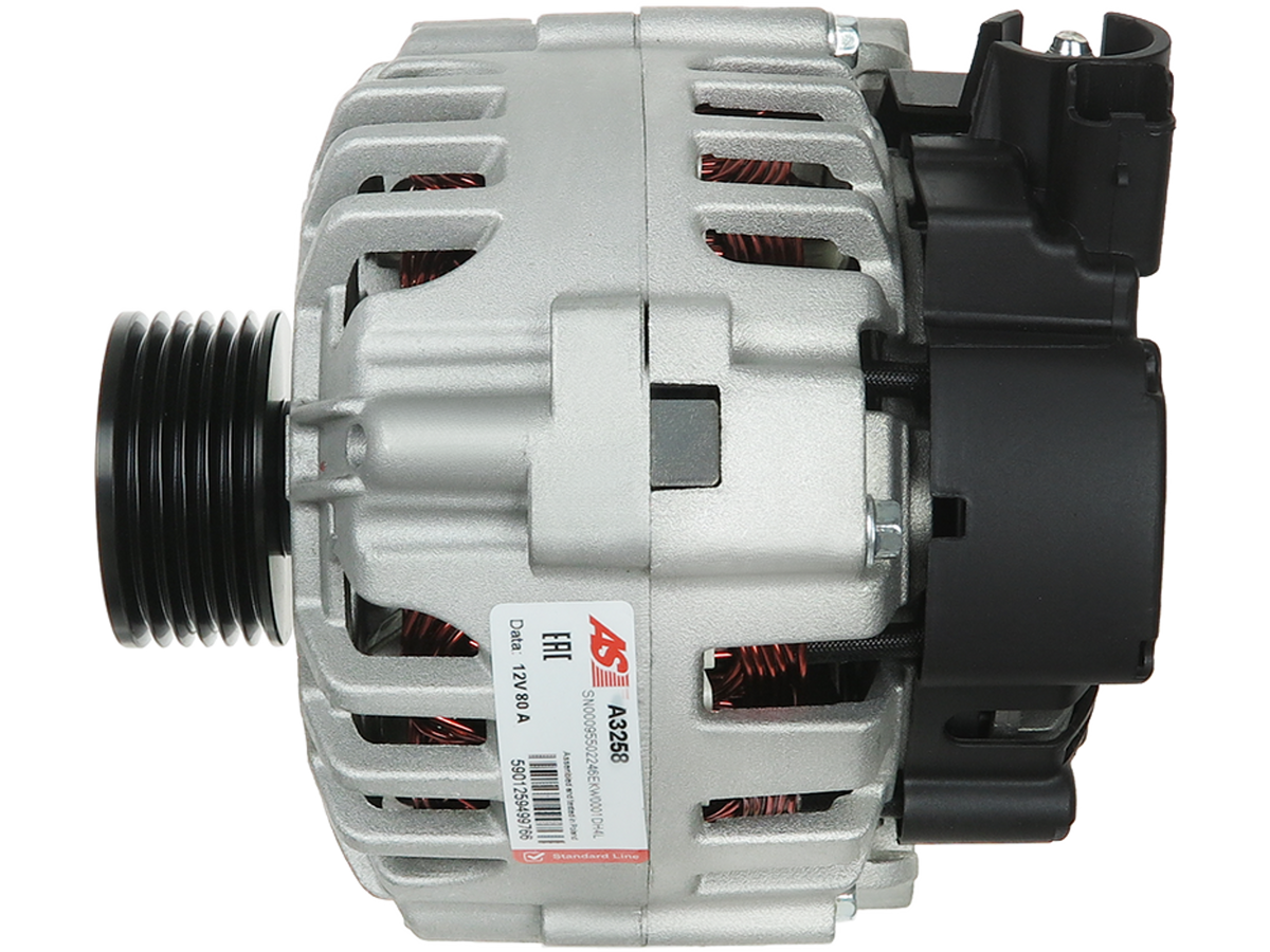 Alternateur Lucas LRA1930 12V 80A – Qualité Origine Compatible Citroën Peugeot Fiat, vue détaillée de la pièce avec poulie et connecteur, vendu par distripiecesautos66
