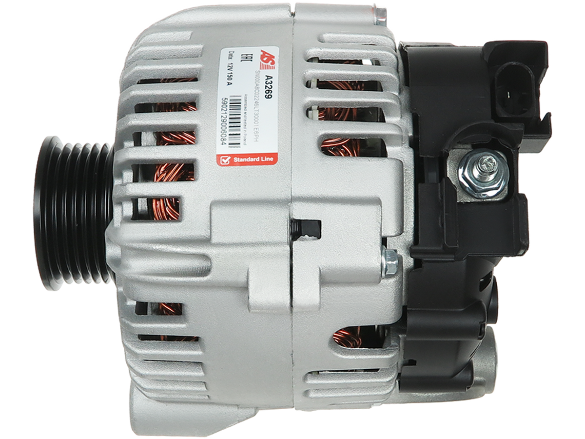 Alternateur Lucas LRA2956 12V 150A qualité origine pour BMW Série 1 et Série 3, vue de face avec poulie et connecteur, proposé par distripiecesautos66 – Alternateur BMW pas cher Pyrénées Orientales