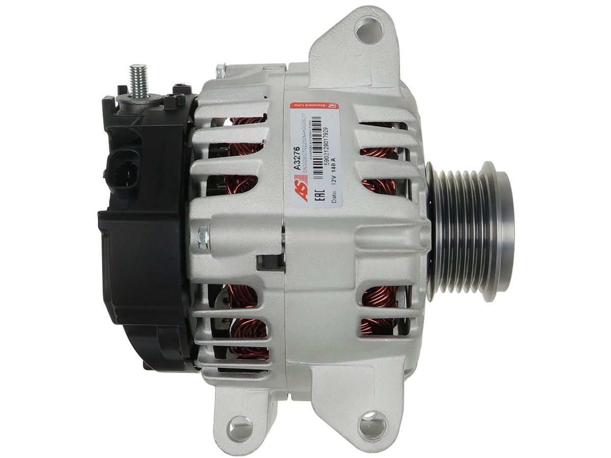 Alternateur Lucas LRA3961 12V 140A avec poulie AFP, vue latérale, compatible Opel Insignia, Astra et Saab 9-3, proposé par distripiecesautos66 — Alternateur Opel Saab pas cher Perpignan
