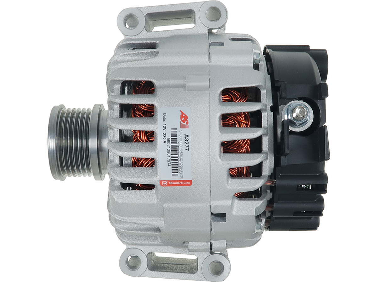 Alternateur Lucas LRA3214 12 V 220 A pour Mercedes-Benz Vito, Sprinter, GLK et SLK, vue de face avec poulie et connecteur, vendu par distripiecesautos66 — Alternateur Mercedes pas cher Perpignan