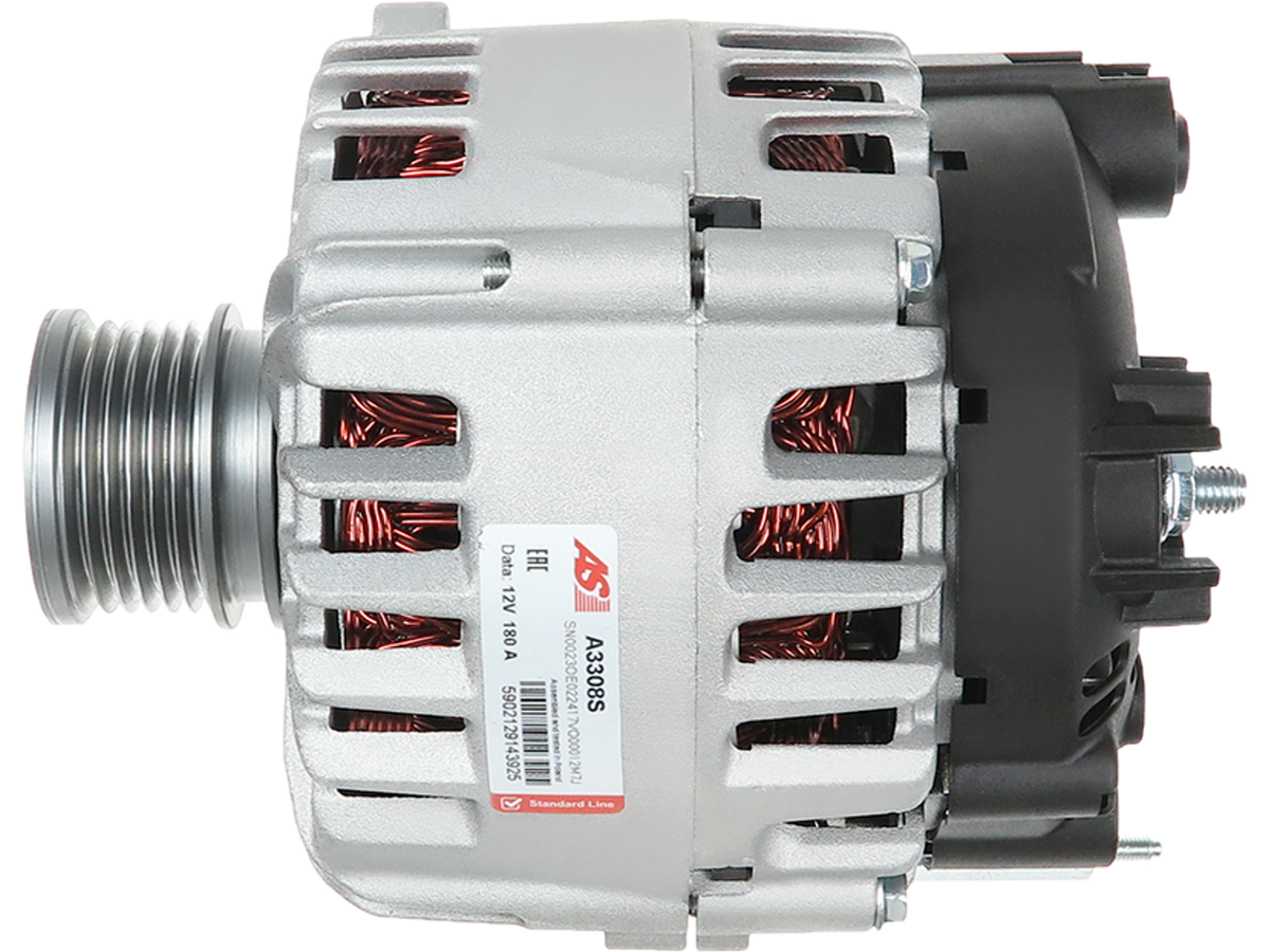 Alternateur 12V 180A Lucas LRA3152 pour Volkswagen Audi Seat Skoda et MAN TGE, pièce automobile neuve présentée sur fond transparent par distripiecesautos66. Alternateur Audi Seat Skoda Volkswagen pas cher. Livraison à l'international