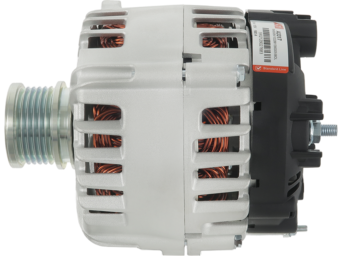 Alternateur Lucas LRA3257 12V 180A compatible VW, Skoda et Seat, référence OE FG18T062, vue latérale avec poulie, vendu par distripiecesautos66