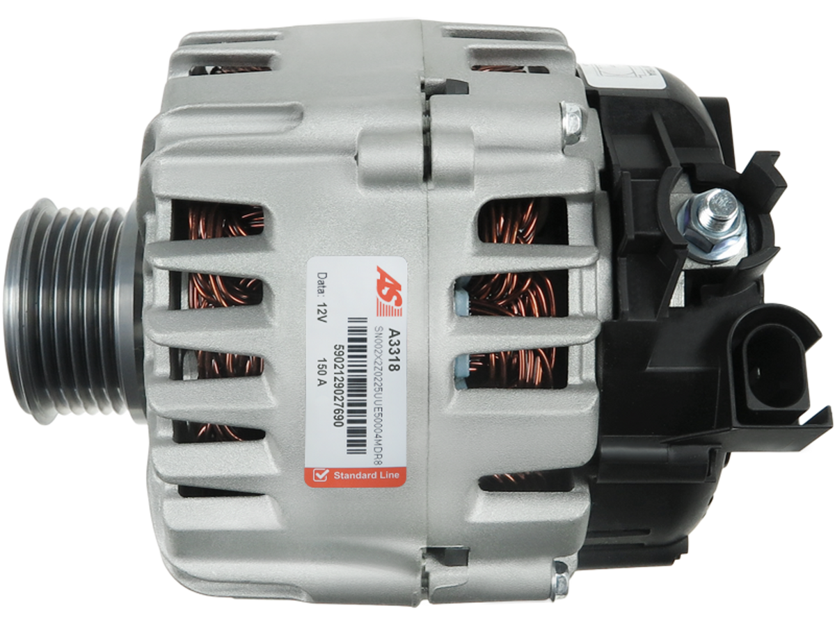Alternateur Lucas LRA3555 12 V 150 A pour Ford Fiesta, Mondeo, Kuga, S-Max et Galaxy, vue du produit avec poulie et connecteur, vendu par distripiecesautos66
