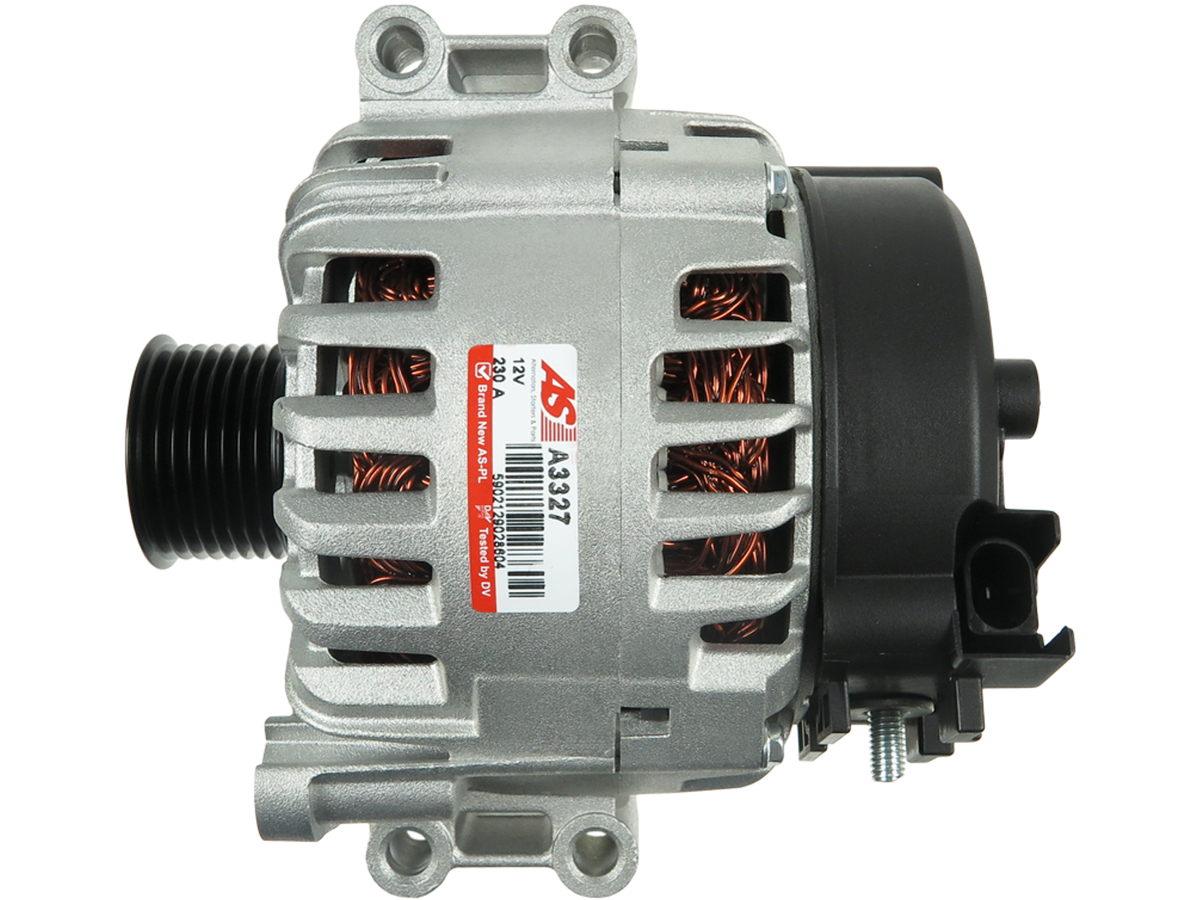 Alternateur Lucas LRA3232 12 V 230 A compatible BMW 7 F01 F02 et X6 E71 E72 N54 N55, vue du produit avec poulie et connecteur électrique, vendu par distripiecesautos66 – Alternateur BMW pas cher Perpignan