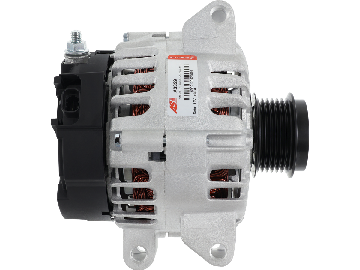 Alternateur Lucas LRA3928 12V 120A avec poulie AFP pour Opel Insignia, Antara et Saab 9-5, vue de face avec connecteur électrique – distripiecesautos66