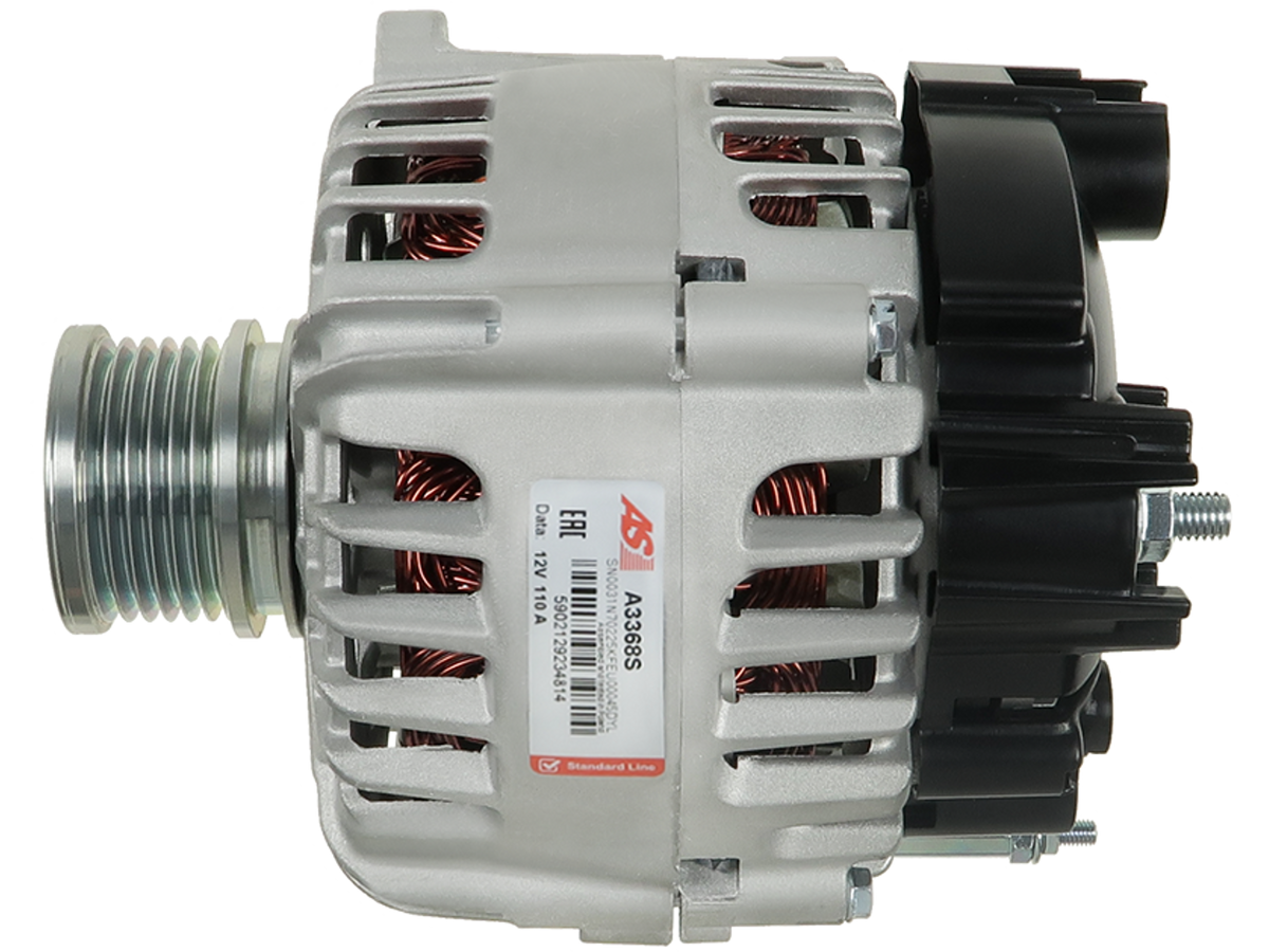 Alternateur Lucas LRA4016 12V 110A pour VW Audi Seat Skoda, référence A3368S OE TG12C278, vue de profil avec poulie et connecteur, vendu par distripiecesautos66 — Alternateur Volkswagen pas cher Toulouse Marseille Lyon Nice