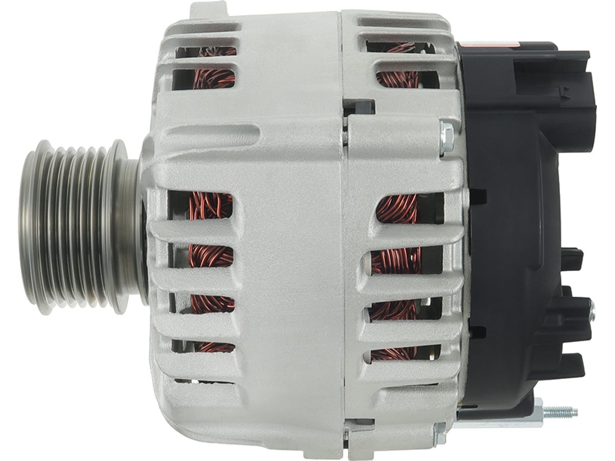 Alternateur Lucas LRA3087 12V 140A 6 gorges avec poulie AFP, vue latérale du composant automobile pour Audi, Volkswagen, Seat et Skoda, vendu par distripiecesautos66