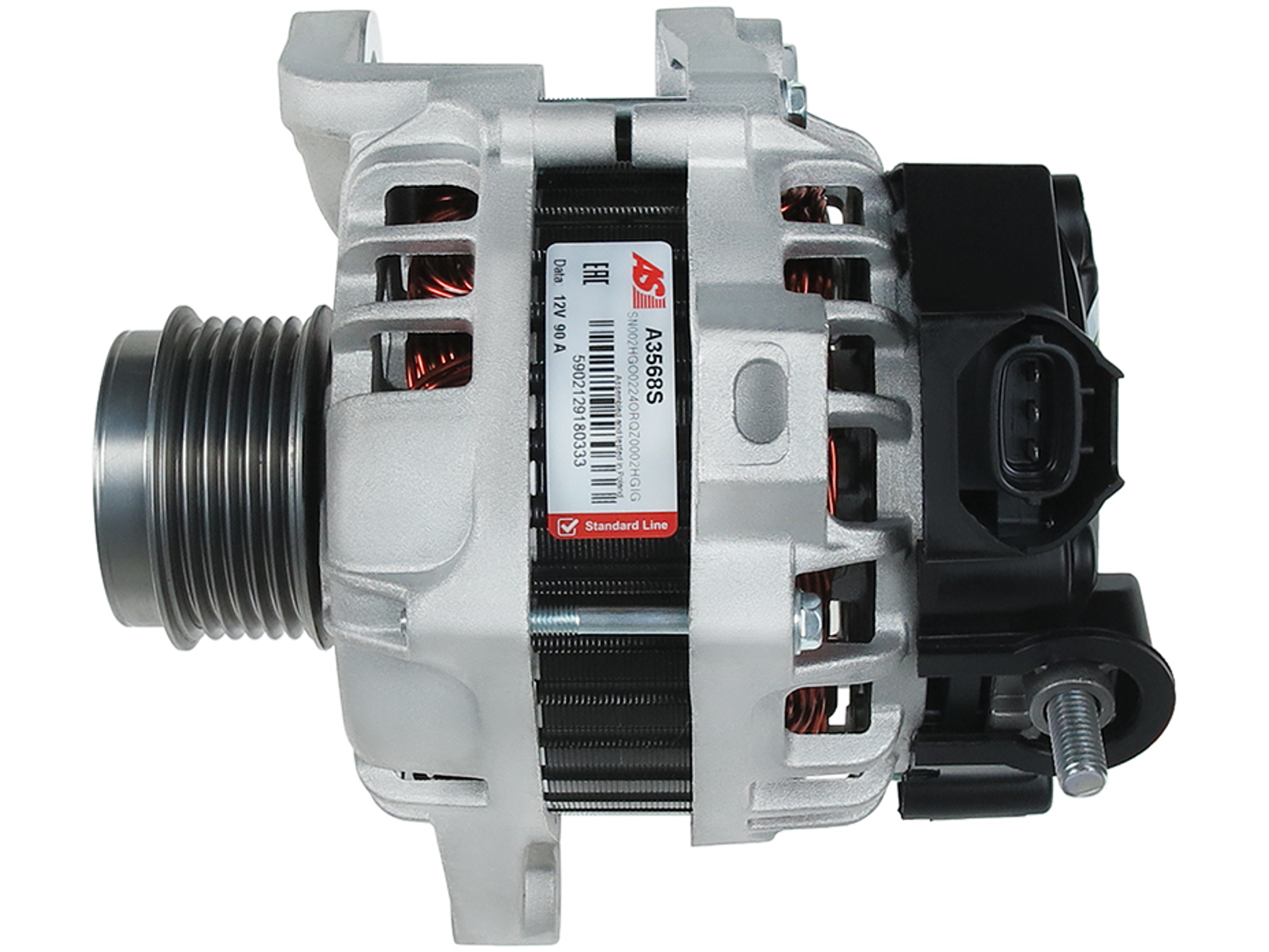 Alternateur 12V 90A A3568S pour Kia Picanto II TA et Hyundai i10 II 1.0 LPG Bi-Fuel, vue de face avec poulie et connecteur, proposé par distripiecesautos66 – Alternateurs Hyundai Kia pas cher