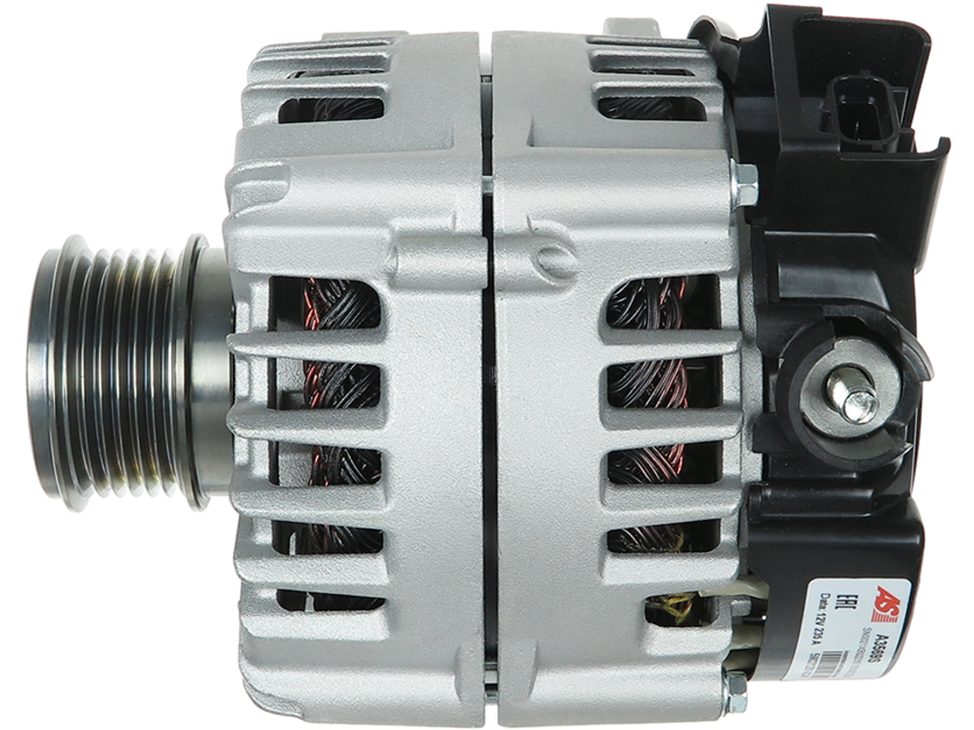 Alternateur automobile 12V 235A Ford, vue latérale avec poulie et connecteur, pour S-Max, Galaxy et Edge 2.0 TDCi AWD Bi-Turbo, référence A3569S — Alternateurs Ford pas cher par distripiecesautos66