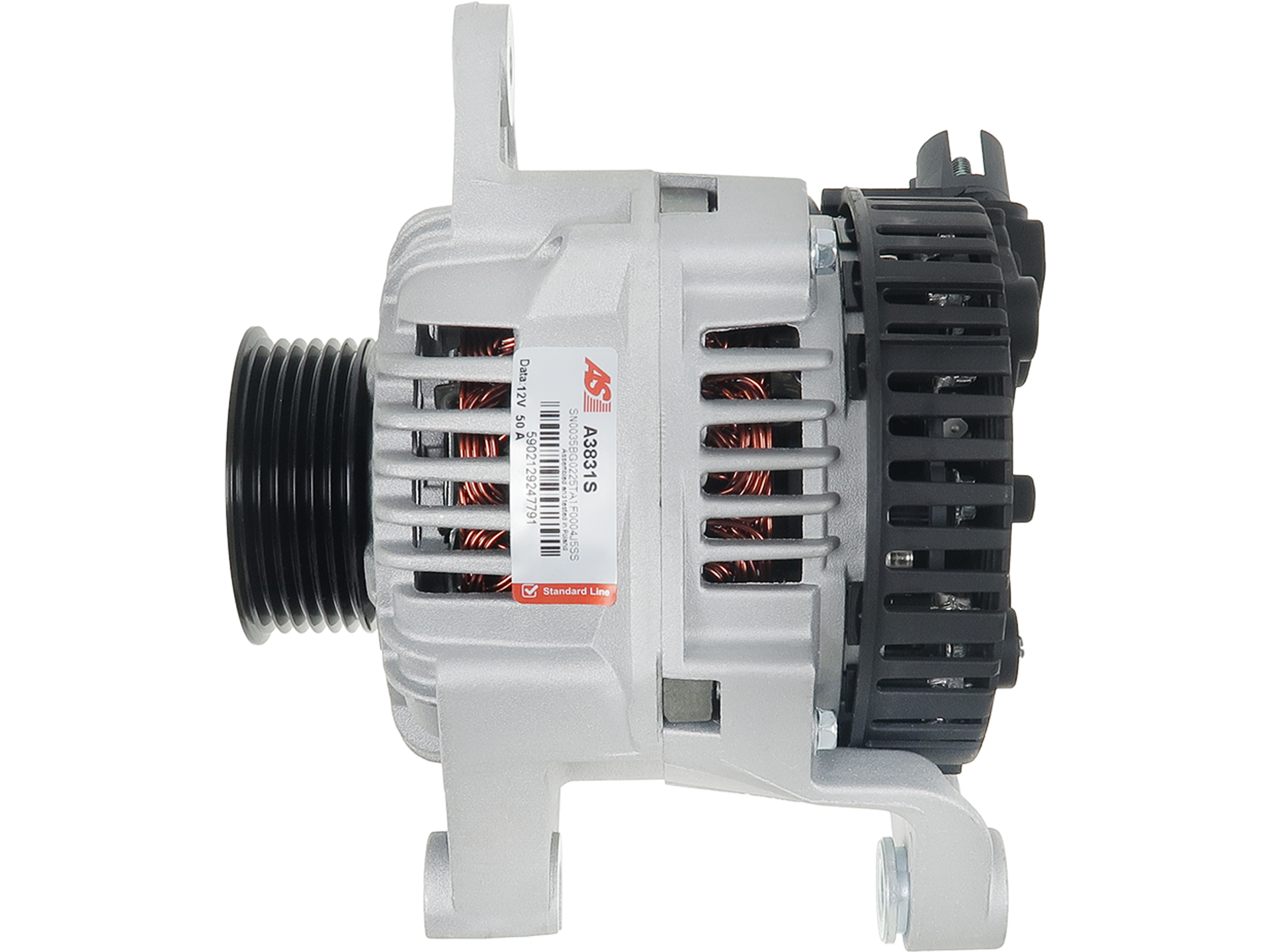 Alternateur Peugeot Citroën pas cher, Alternateur Peugeot Expert I 1.8 12V 50A – Poulie AP, Plug PL_9105, OE A11VI15, vue de profil avec poulie et connecteur, vendu par distripiecesautos66