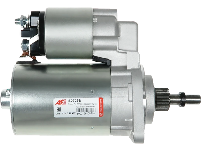 Démarreur Volkswagen 7X0911023BX de distripiecesautos66, image illustrant un démarreur de voiture avec une tension de 12V et une puissance de 0.80 kW.