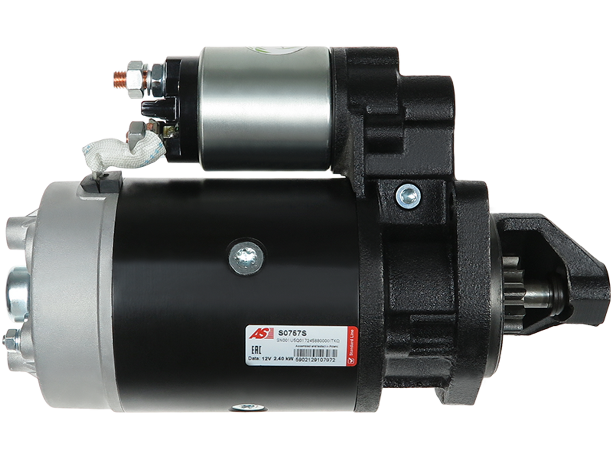 Démarreur Lucas LRS1302 12V 2,4 kW à 11 dents, vue de côté, compatible Goldoni, Land Rover et VM, proposé par distripiecesautos66 à prix discount, qualité origine garantie 2 ans.