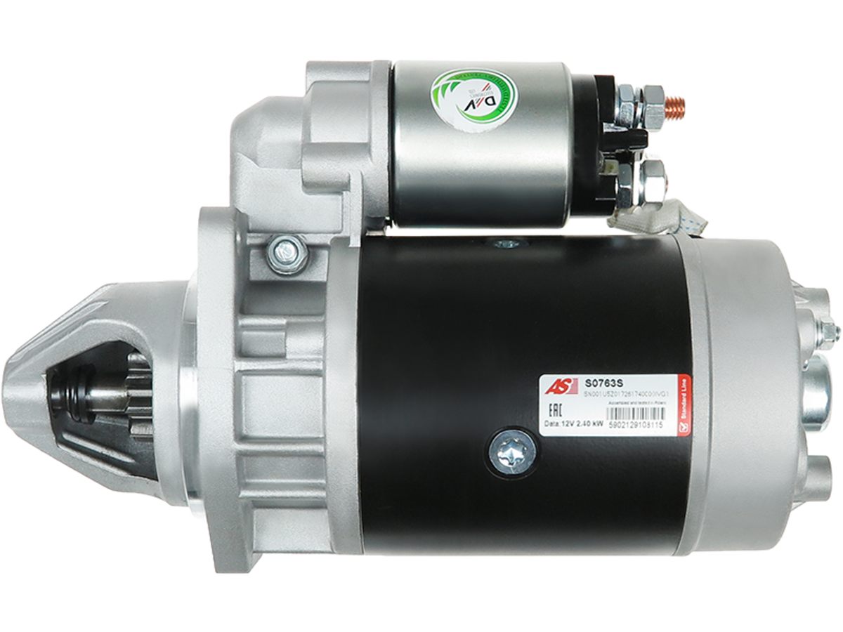 Démarreur Lucas LRS1057 12 V 2,40 kW 9 dents Réf. S0763S pour Fendt et Iveco, vue latérale du démarreur automobile par distripiecesautos66, pas cher, qualité Premium, garantie 2 ans.