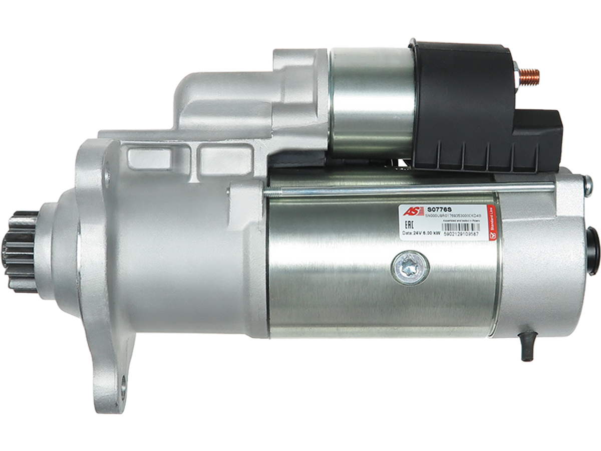 Démarreur Lucas LRS4361 24 V 6 kW 12 dents pour DAF XF CF XG XG+ et autocars, vue latérale du démarreur neuf proposé par distripiecesautos66, Prix discount qualité Origine garantie 2 ans