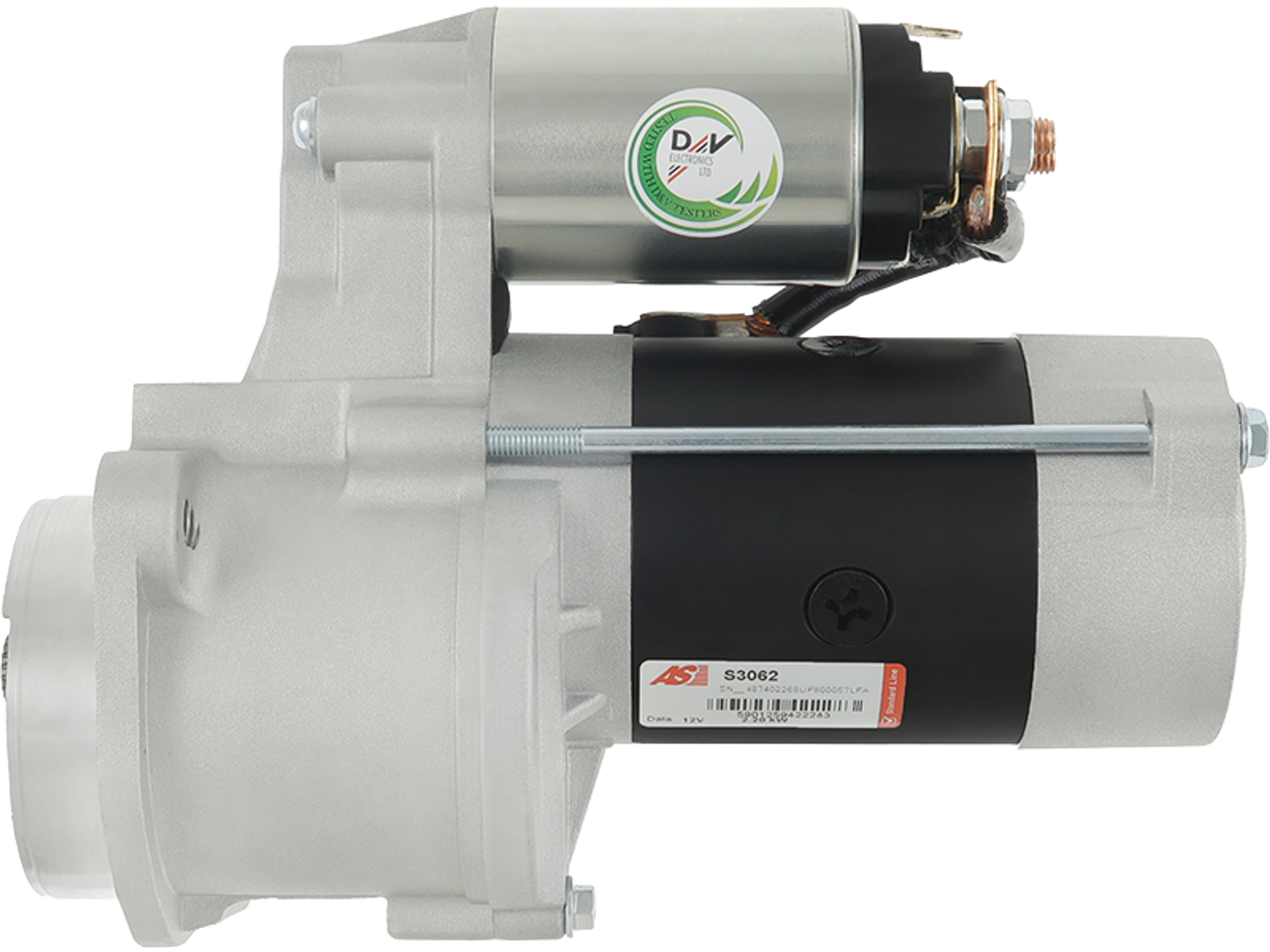 Démarreur Delco DRS0037N 12V 2.20kW compatible Hyundai et Kia de distripiecesautos66, montrant un moteur démarreur avec étiquette de référence S3062. Optimal pour les véhicules Hyundai et Kia.